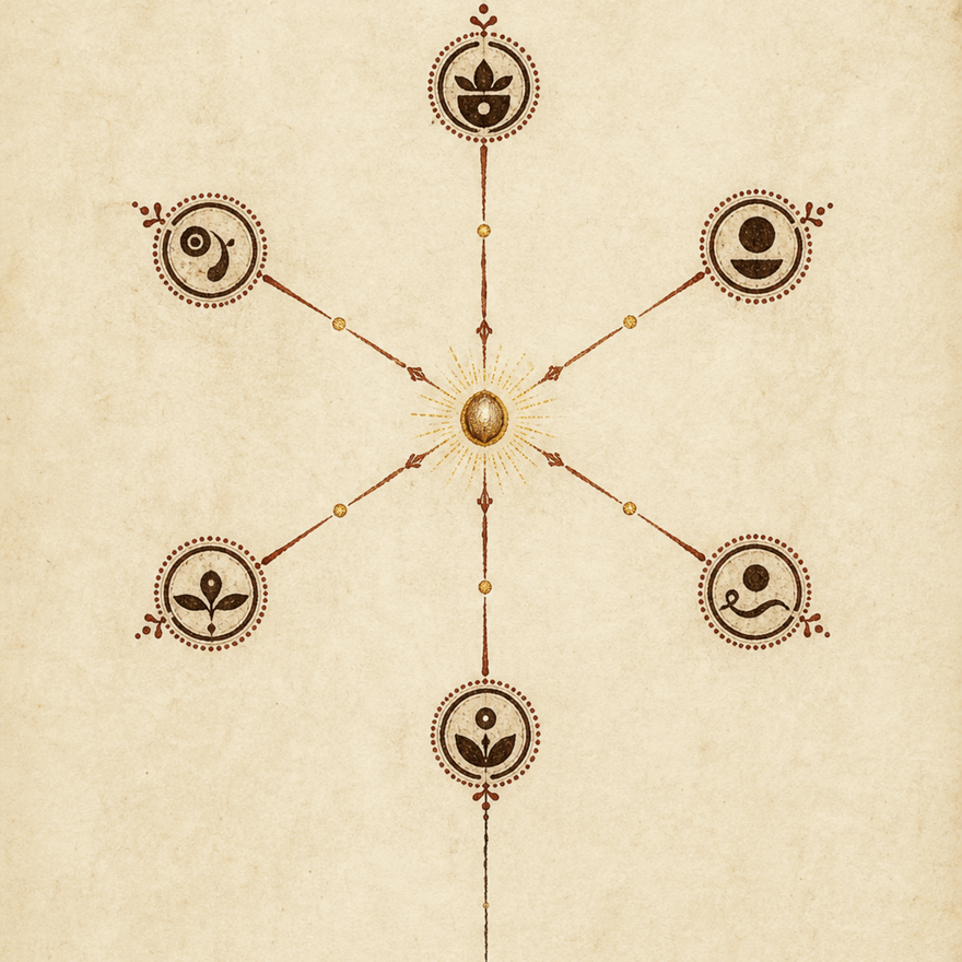 An illuminated role-mandala: six kāraka roles radiating around a single luminous act, with its trace unspooling beneath.